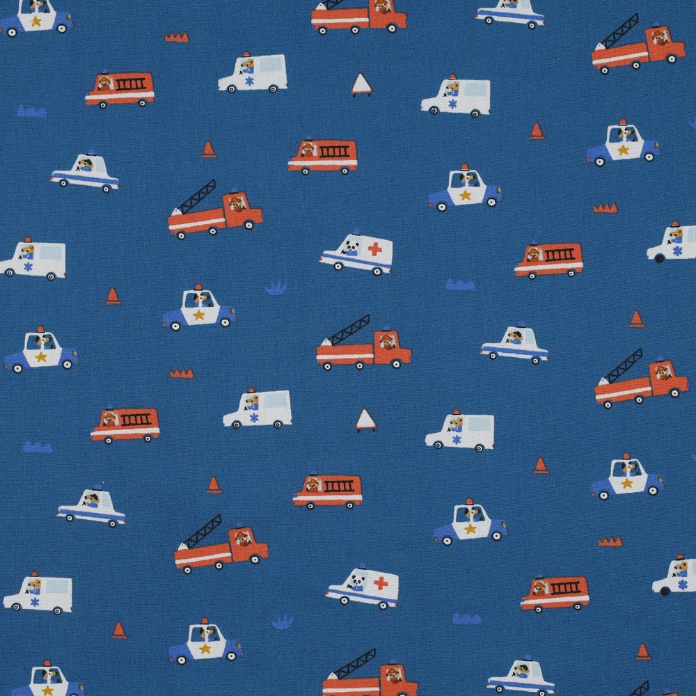 Tissu premium 100 % coton - voitures de police, de pompiers et d'ambulance 110 g/m² (certifié GOTS)