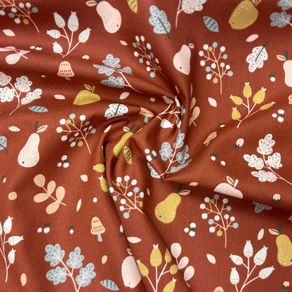 Premium 100% cotton fabric - flowers on a brick-red background 110 g/m²
