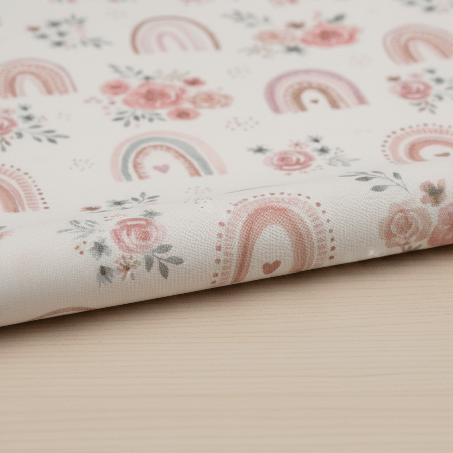Image en tissu 100 % coton Premium - petites roses avec arcs-en-ciel 130 g/m² – disponible chez Šarlotes audumi