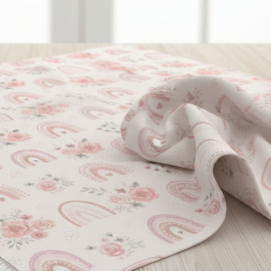 Image en tissu 100 % coton Premium - petites roses avec arcs-en-ciel 130 g/m² – disponible chez Šarlotes audumi