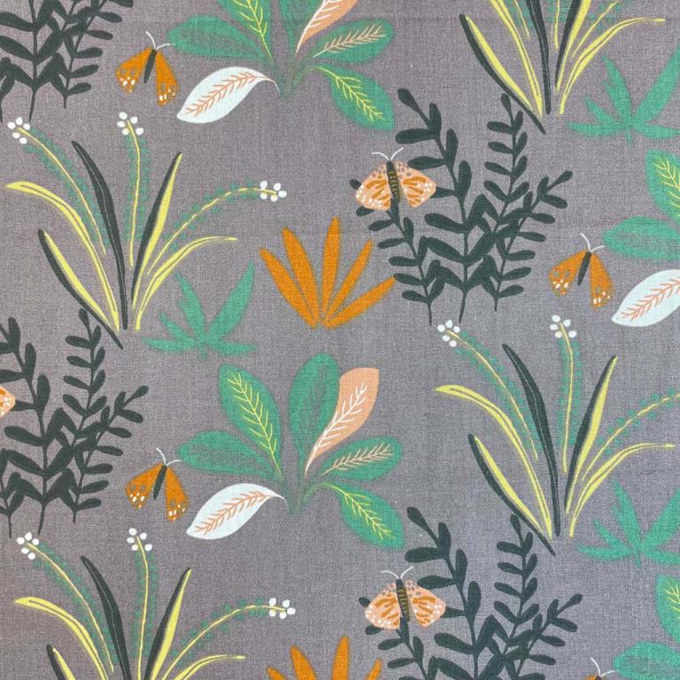 Premium 100% cotton fabric - tropical motif on a gray background 115 g/m²
