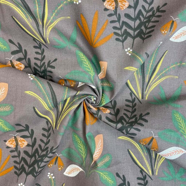 Premium 100% cotton fabric - tropical motif on a grey background 115 g/m²