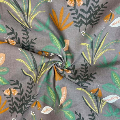 Premium 100% cotton fabric - tropical motif on a grey background 115 g/m²