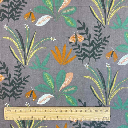 Premium 100% cotton fabric - tropical motif on a gray background 115 g/m²