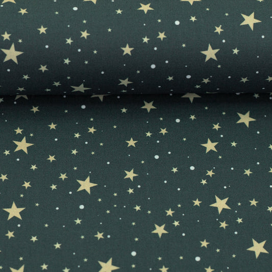 Image of premium 100% cotton fabric with stars on a pine green background 130 g/m² – available online at Šarlotes audumi