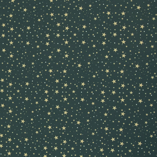 Image of Premium 100% cotton fabric with stars on a pine green background, 130 g/m² – available online at Šarlotes audumi