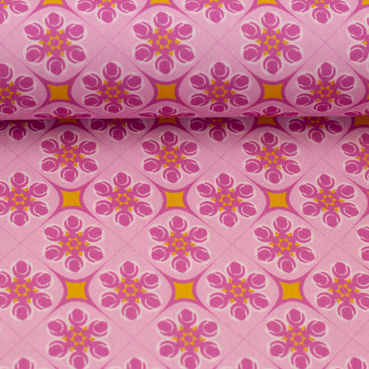 Image of premium cotton fabric – retro floral mosaic in pink tones 130 g/m² – available at Charlotte's fabrics