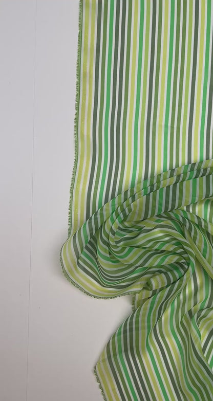 Italian 100% Silk Crepe Fabric - Green Stripes 55 g/m²