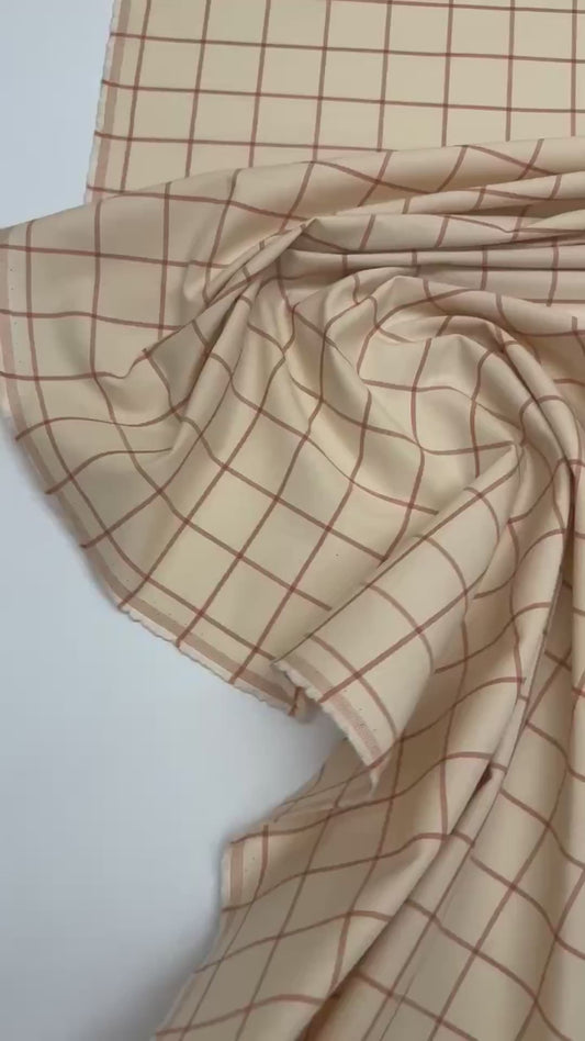 Itālijas kokvilnas audums rūtainā rakstā brūni–bēšs 125 g/m²-pēdējais gabaliņš 50 cm