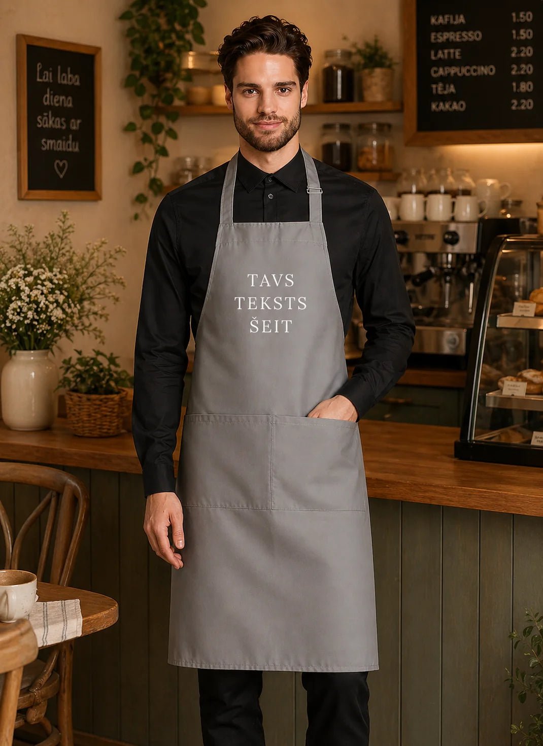 Image avec tablier personnalisé - gris – disponible chez Šarlotes audumi