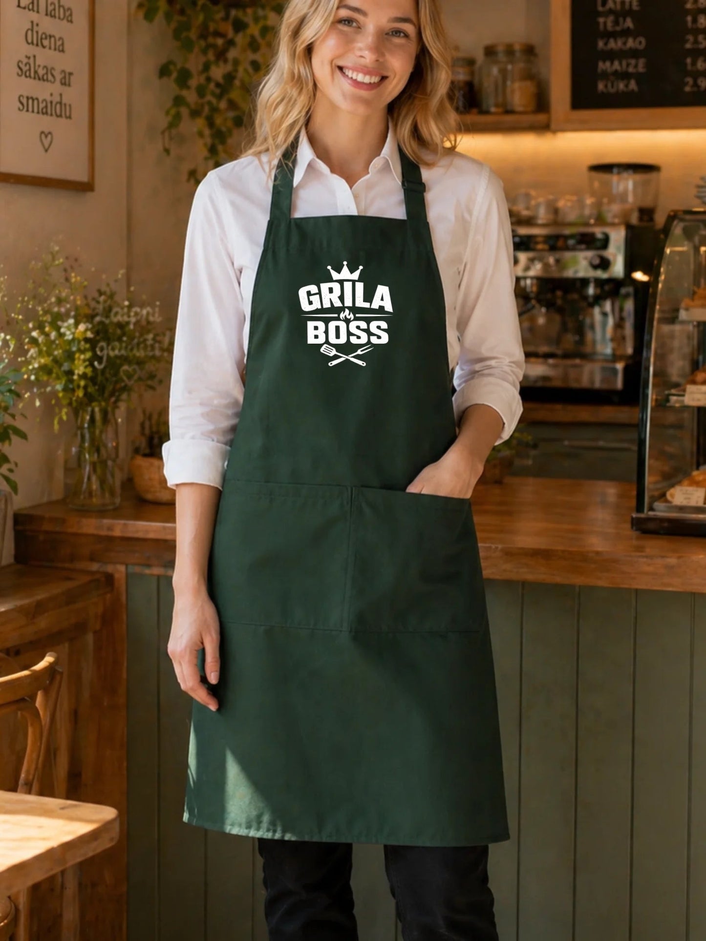 Image d’un tablier vert foncé « Grila boss » – disponible chez Šarlotes audumi