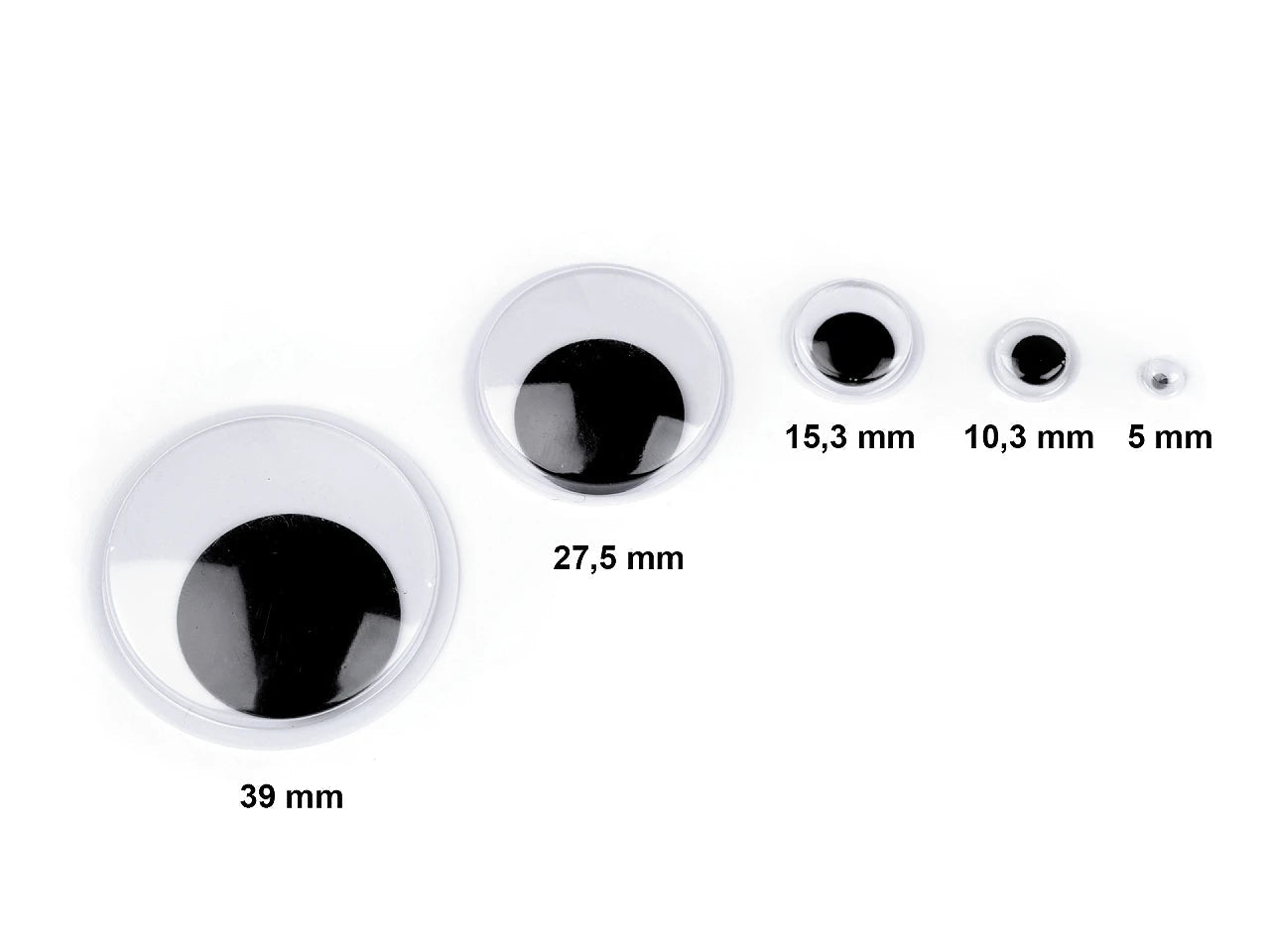Image avec des yeux de jouet autocollants 5; 10.3; 15.3 mm MIX, 130 pièces – disponible chez Šarlotes audumi