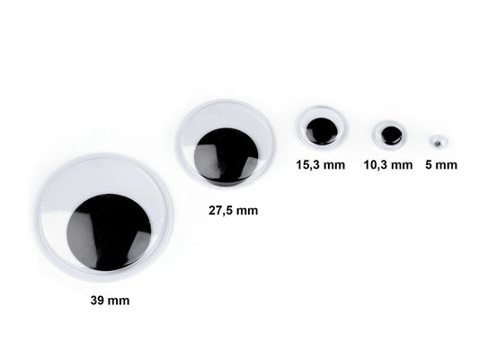 Image with toy eyes with adhesive tape 5; 10.3; 15.3 mm MIX 130 pcs. – available at Šarlotes audumi