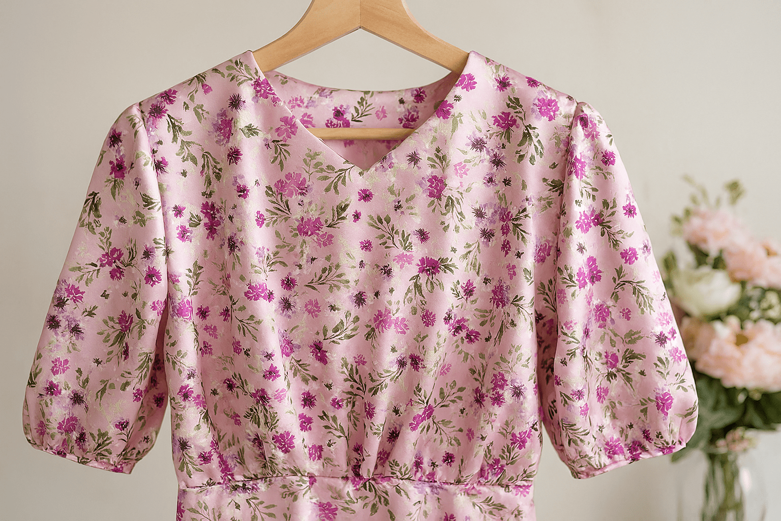 Satin avec élasthanne - fleurs sur fond rose 80 g/m²