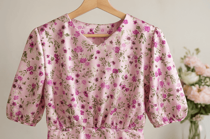 Satin avec élasthanne - fleurs sur fond rose 80 g/m²