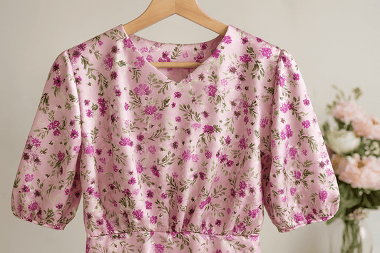 Satin avec élasthanne - fleurs sur fond rose 80 g/m²