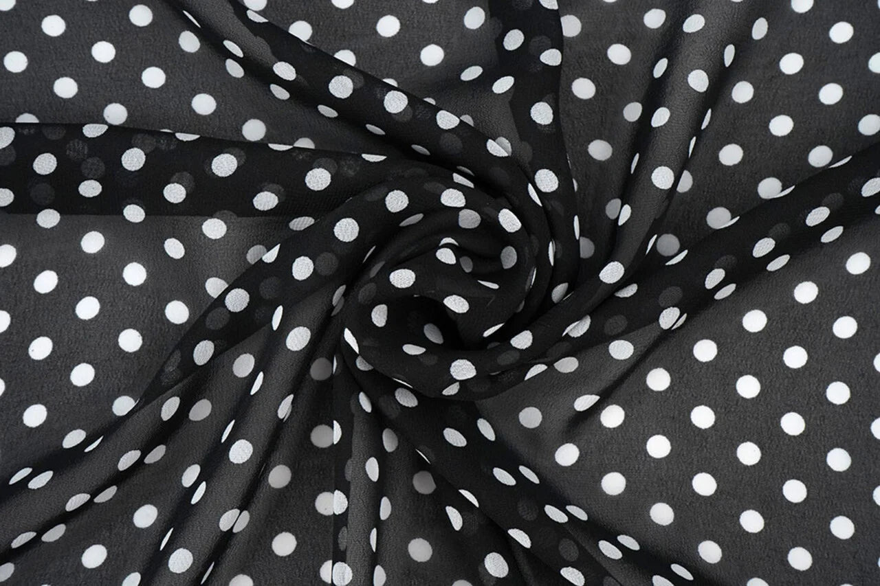 Chiffon à petits pois blancs sur fond noir | 150 cm | 65 g/m²