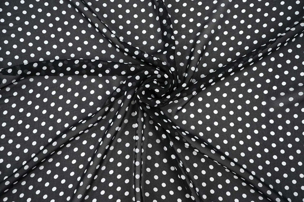 Chiffon - pois blancs sur fond noir | 150 cm | 65 g/m²
