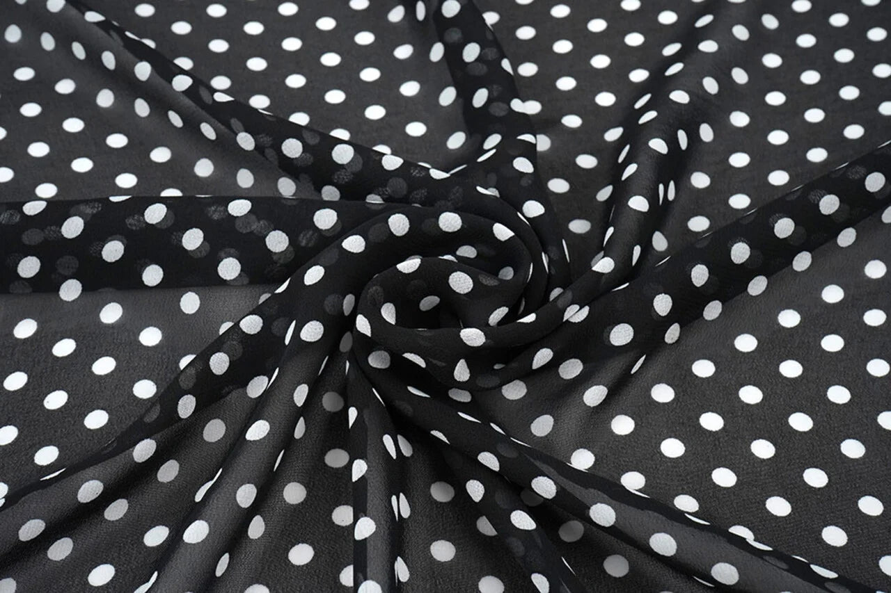 Chiffon à pois blancs sur fond noir | 150 cm | 65 g/m²