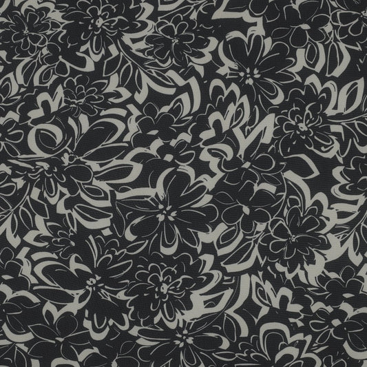 Image with chiffon-gray flowers on black, 80 g/m² – available at Charlotte's Fabrics