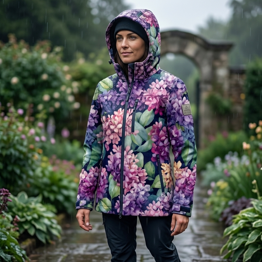 Attēls ar Softshell audums - hortenzijas 300 g/m² – pieejams Šarlotes audumi