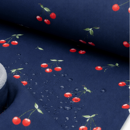 Image of Softshell fabric - cherries on dark blue 300 g/m² – available at Šarlotes audumi