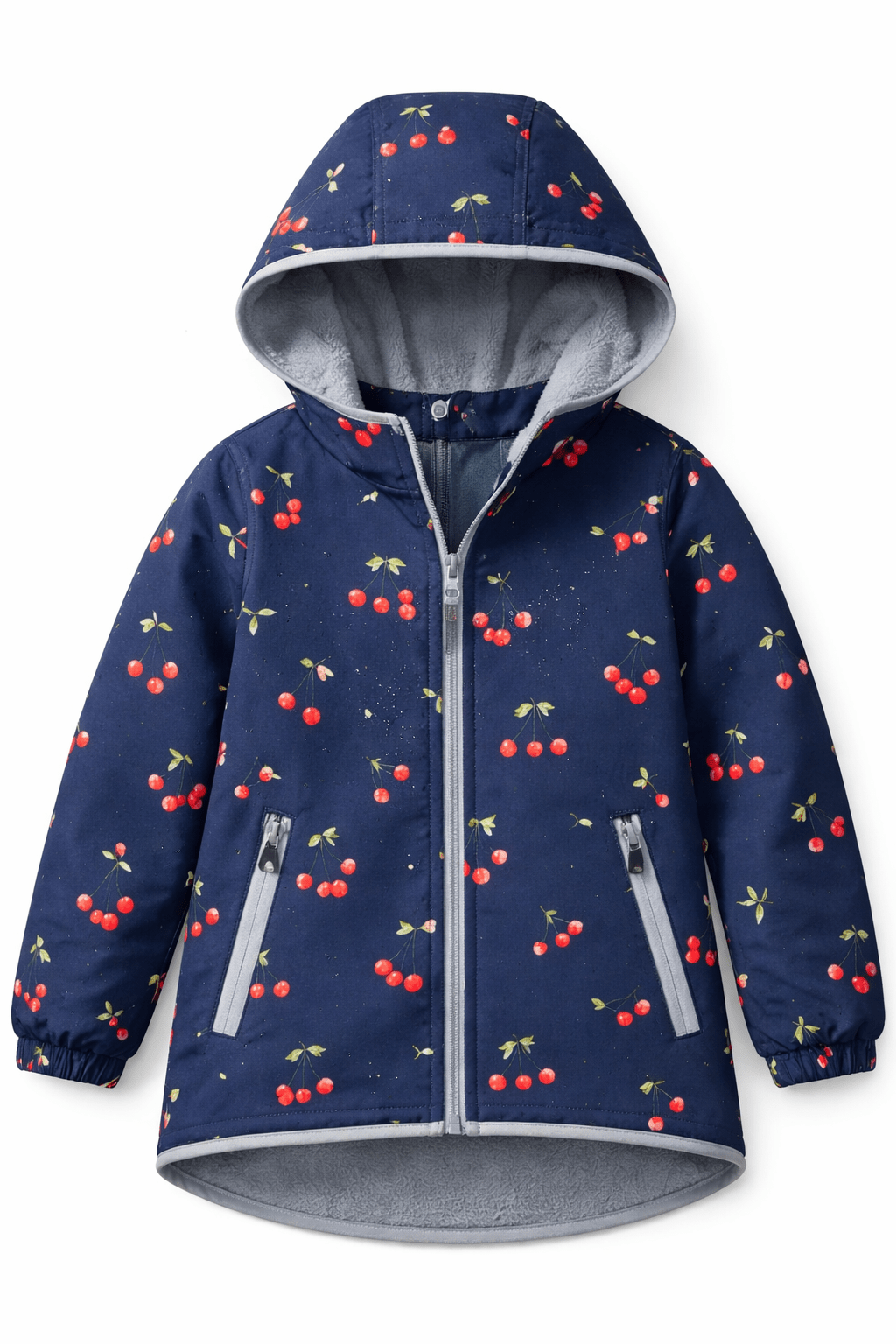 Image with Softshell fabric - cherries on dark blue 300 g/m² – available at Charlotte’s fabrics