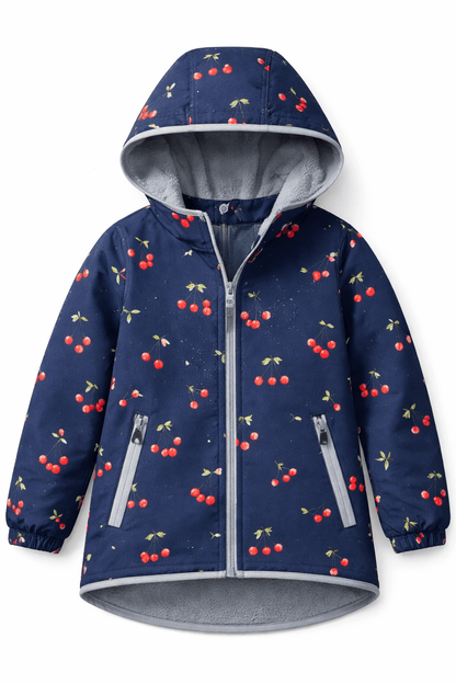 Image with Softshell fabric - cherries on dark blue 300 g/m² – available at Charlotte’s fabrics