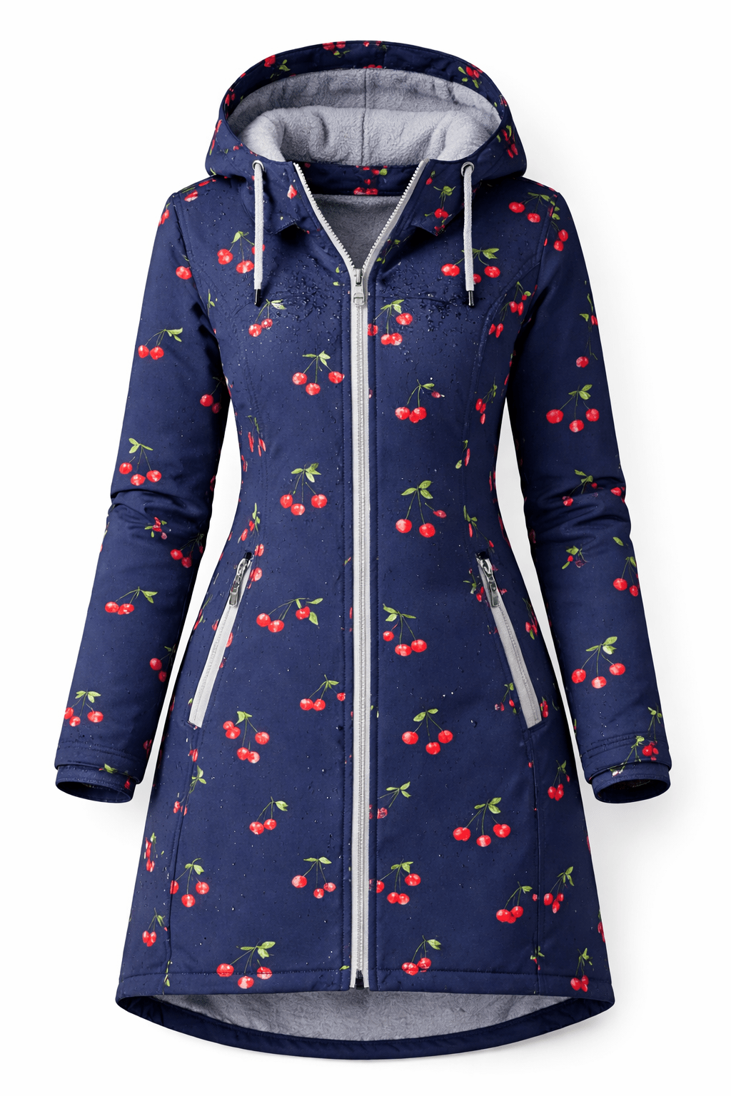 Image with Softshell fabric - cherries on dark blue 300 g/m² – available at Šarlotes audumi