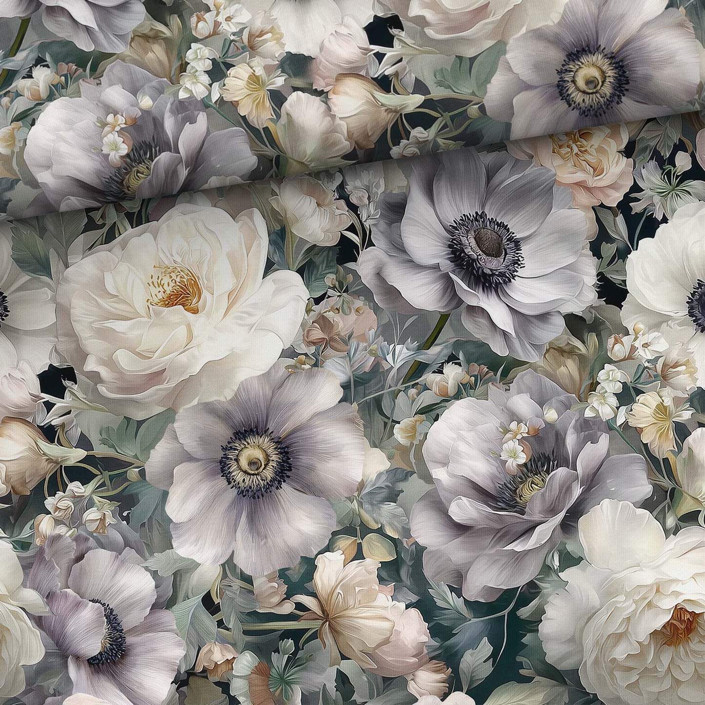 Jersey bouclette en coton - jardin fleuri argenté fumé 250 g/m²