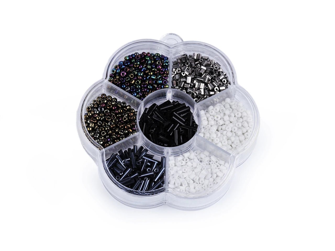 Image of a glass seed bead set for jewelry making in a box – available at Šarlotes audumi
