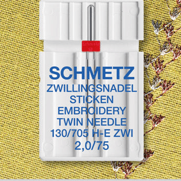 Image de l’aiguille double pour broderie SCHMETZ EMBROIDERY TWIN NEEDLE ZWI - n° 2/75 (1 pce) – disponible chez Šarlotes audumi