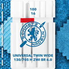 Image avec aiguille de machine à coudre double universelle SCHMETZ UNIVERSAL TWIN ZWI BR - n°6/100 (1 pièce) – disponible chez Šarlotes audumi
