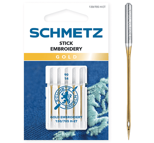 Image avec aiguilles à broder pour machine à coudre SCHMETZ EMBROIDERY GOLD NEEDLES - n°90 (5 pièces) – disponible chez Šarlotes audumi