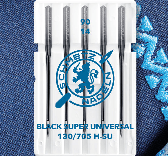 Image de l’aiguille universelle pour machine à coudre SCHMETZ BLACK SUPER UNIVERSAL – n°90 (5 pcs) – disponible chez Šarlotes audumi