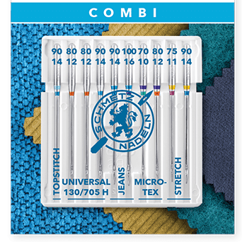 Image of sewing machine needle set SCHMETZ COMBI 10 TOPSTITCH/UNIVERSAL/JEANS/MICROTEX/STRETCH (10 pcs) – available at Šarlotes audumi