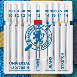 Image with SCHMETZ CREATIVE 9 UNIVERSAL/ZWI/STRETCH/JEANS sewing machine needle set (9 pcs) – available at Charlotte’s Fabrics