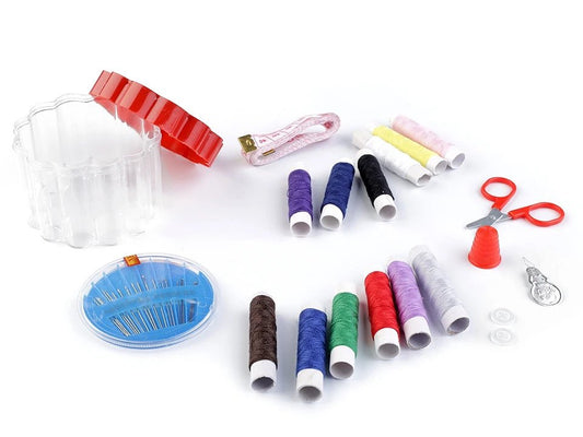 Image of a sewing kit in a plastic box – available at Charlotte’s Fabrics