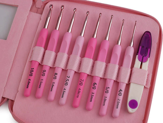 Crochet hook set with case and thread scissors – available online at Charlotte's Fabrics