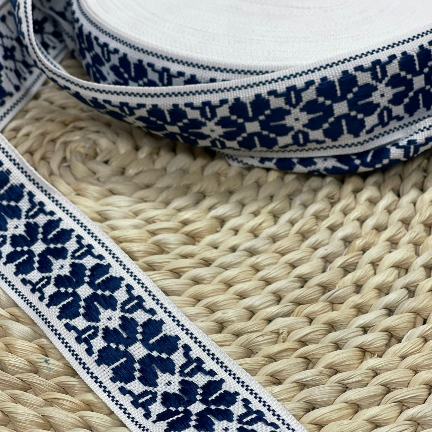 Ethnic ribbon, belt 36mm - blue with white - LV