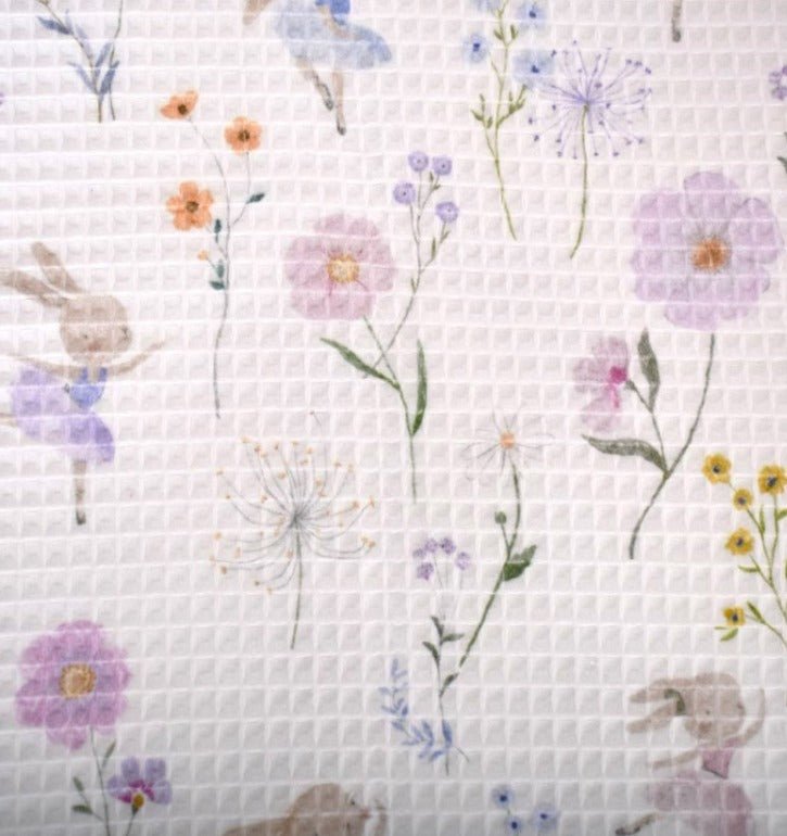 Image of waffle fabric - meadow flowers and bunny 230 g/m² – available at Šarlotes audumi