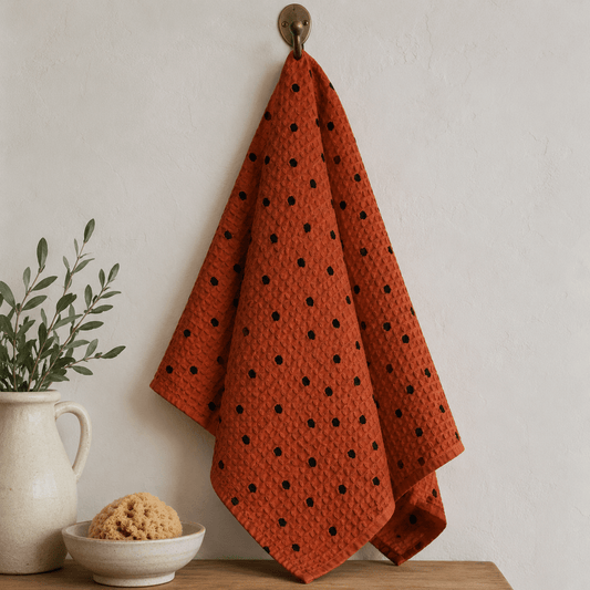 Image of waffle fabric with dots on a brick-red background, 250 g/m² – available at Šarlotes audumi