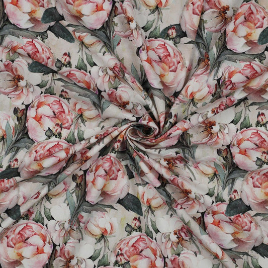 Image of viscose fabric with elastane - peonies 135 g/m² – available at Šarlotes audumi