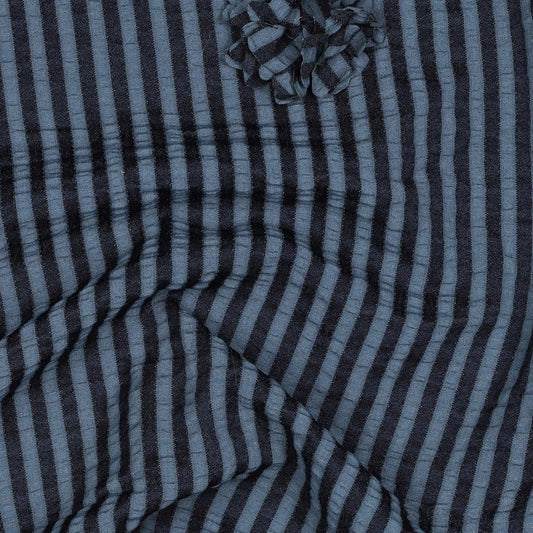 Image of viscose fabric with stripes and floral motif – dark blue 130 g/m² – available at Šarlotes audumi