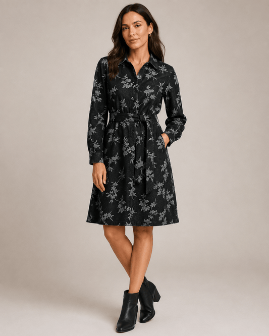 Image of jacquard denim fabric with flowers – black – available online at Charlotte's Fabrics