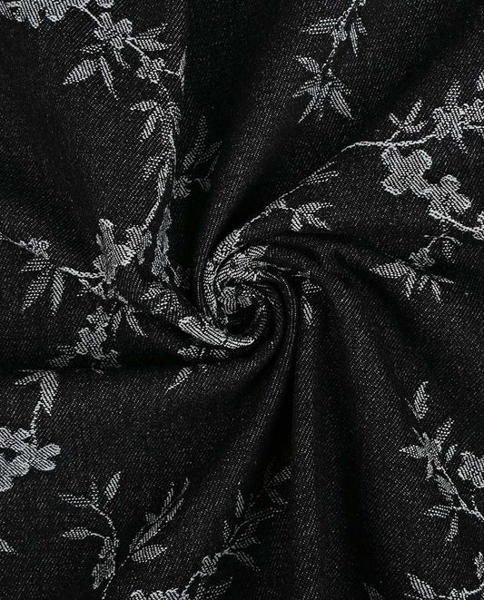 Image of jacquard denim fabric with flowers – black – available online at Charlotte's Fabrics