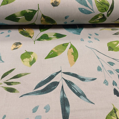 Tissu 100 % coton, feuilles vertes et pétrole sur fond gris, 130 g/m²