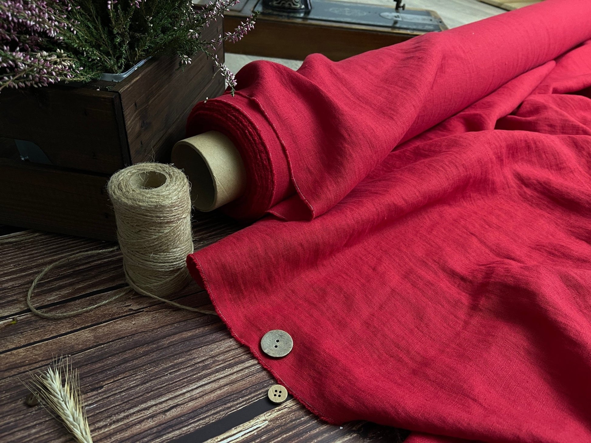 100% gewaschenes Leinen, kirschrot, 205 g/m²