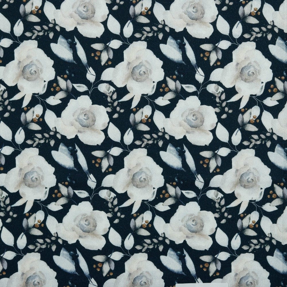 Tissu canvas - roses blanches sur fond bleu foncé 225 g/m²