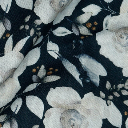 Tissu canvas - roses blanches sur fond bleu foncé 225 g/m²
